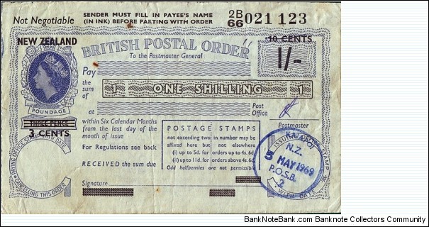 New Zealand 1969 11 Cents on 10 Cents on 1 Shilling postal order.

Issued at Kaiapoi. Banknote