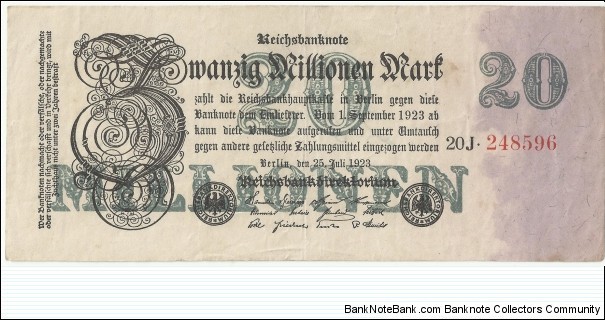 Germany Weimar 20 Million Mark 1923 Banknote