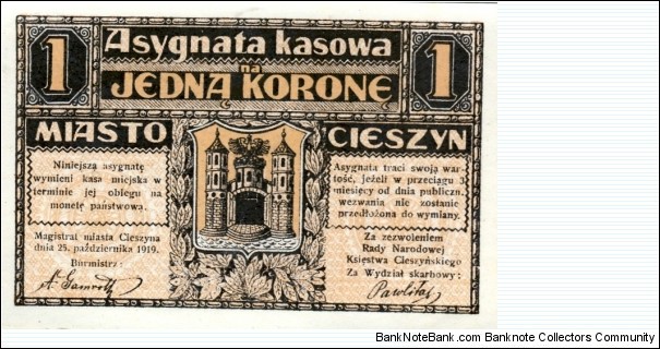 Cieszyn/Teschen 1 Korona. Polish and German languages. Banknote