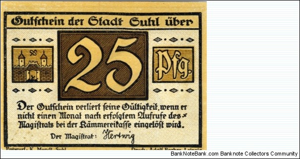 25 Pfg. Notgeld City of Suhl Banknote