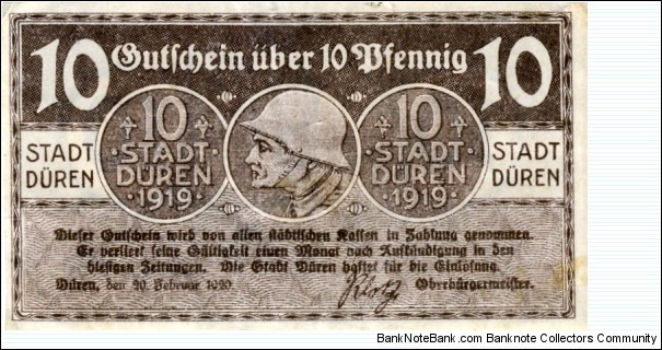 10 Pfg. Notgeld City of Duren Banknote