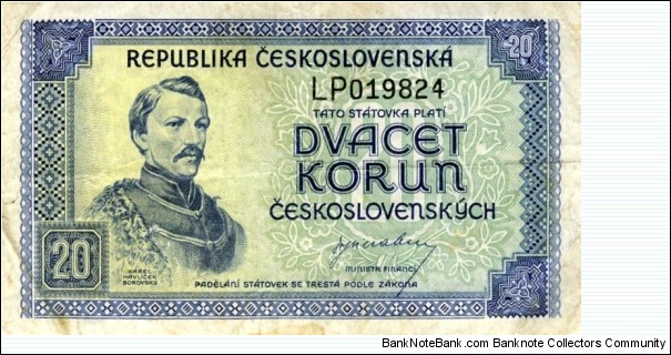Czechoslovakia 20 Korun - Karel Havricek Borovsky Banknote