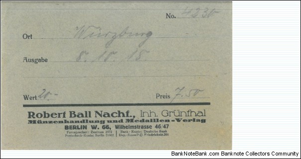 Notgeld:
Envelope for the Wurzburg Banknote