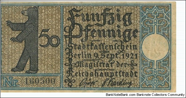 Notgeld:
Berlin (20)
The Obverse is being rescaned (Monday) Banknote