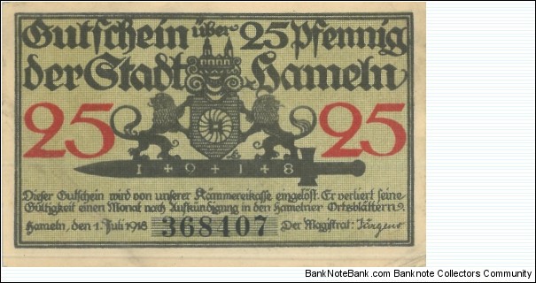 Notgeld:
Hameln
 Banknote