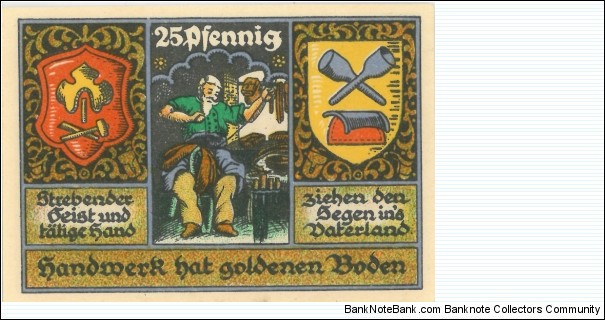 Notgeld:
Stolzenau -
Stolzenau is a municipality in the district of Nienburg, in Lower Saxony, Germany. It is situated on the left bank of the Weser, approx. 20 km southwest of Nienburg, and 25 km northeast of Minden.
 Banknote