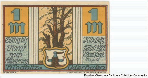 Notgeld:
Klodnitz Oderhafan Banknote