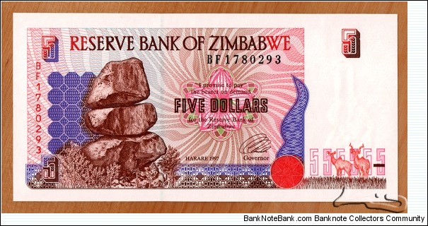 Zimbabwe | 
5 Dollars, 1997 | 

Obverse: Chiremba Balancing Rocks in Matopos National Park | 
Reverse: Terraced Hills | 
Watermark: Zimbabwe bird | Banknote