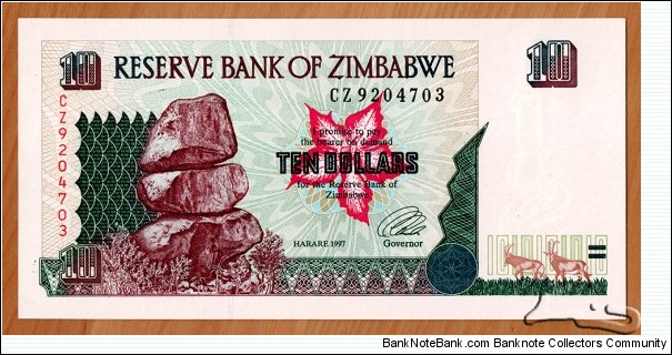 Zimbabwe | 
10 Dollars, 1997 | 

Obverse: Chiremba Balancing Rocks in Matopos National Park | 
Reverse: Chilojo Cliffs in Gonarezhou National Park | 
Watermark: Zimbabwe bird | Banknote