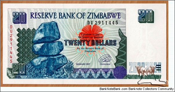 Zimbabwe | 
20 Dollars, 1997 | 

Obverse: Chiremba Balancing Rocks in Matopos National Park | 
Reverse: Victoria Falls (or Mosi-oa-Tunya = The Smoke and Thunders) on Zambezi River | 
Watermark: Zimbabwe bird | Banknote
