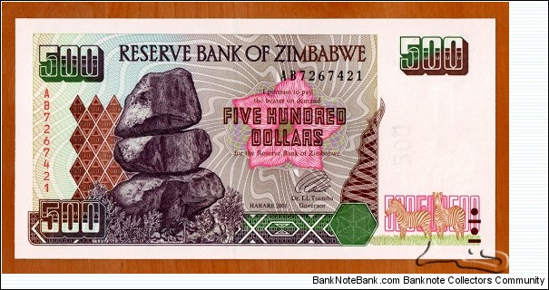 Zimbabwe | 
500 Dollars, 2001 | 

Obverse: Chiremba Balancing Rocks in Matopos National Park | 
Reverse: Hwange Thermal Power Station | 
Watermark: Zimbabwe Bird, Electrotype 