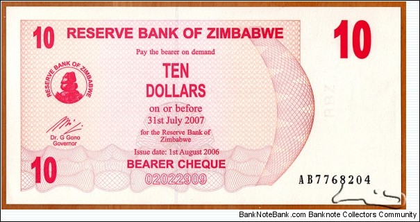 Zimbabwe | 
10 Dollars, 2006 | 

Obverse: Reserve Bank of Zimbabwe logo with Chiremba Balancing Rocks in Matopos National Park | 
Reverse: Women preparing food near huts and a farm | 
Watermark: Zimbabwe bird, Electrotype 