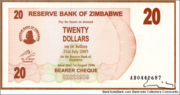 Zimbabwe | 
20 Dollars, 2006 | 

Obverse: Reserve Bank of Zimbabwe logo with Chiremba Balancing Rocks in Matopos National Park | 
Reverse: Victoria Falls (or Mosi-oa-Tunya = The Smoke and Thunders) on Zambezi River | 
Watermark: Zimbabwe bird, Electrotype 