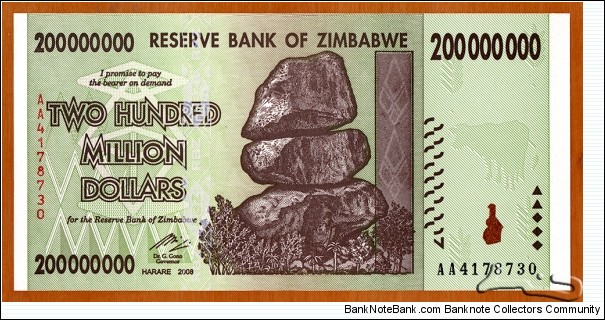 Zimbabwe | 
200,000,000 Dollars, 2008 | 

Obverse: Chiremba Balancing Rocks in Matopos National Park, Zimbabwe Bird in colour-shifting paint | 
Reverse: Cathedral of St Mary and All Saints, and The burial ground and national monument of National Heroes Acre in Harare | Banknote