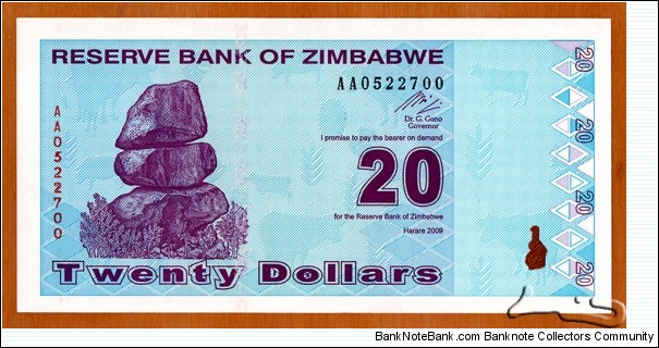 Zimbabwe | 
20 Dollars, 2009 | 

Obverse: Chiremba Balancing Rocks in Matopos National Park | 
Reverse: Hwange Thermal Power Station | Banknote