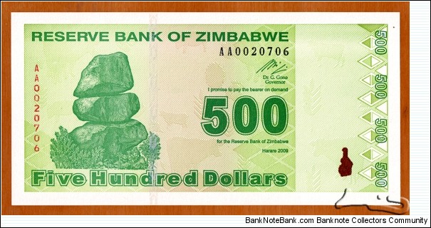 Zimbabwe | 
500 Dollars, 2009 | 

Obverse: Chiremba Balancing Rocks in Matopos National Park | 
Reverse: African Elephants | Banknote