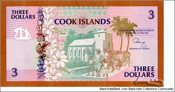 Cook Islands | 
3 Dollars/Tāra, 1992 | 

Obverse: People leaving church, Shells, and Palms and flowers | 
Reverse: Map of Aitutaki and Manuae atolls, People performing traditional dance, Drummers, and Blue Lorikeet sitting on a branch of a banana | 
Watermark: Sea turtle | Banknote