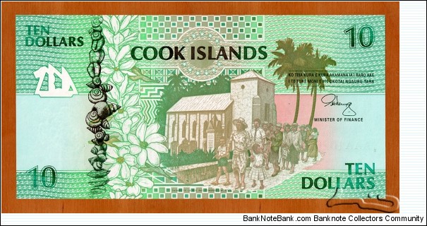 Cook Islands | 
10 Dollars/Tāra, 1992 | 

Obverse: People leaving church, Shells, and Palms and flowers | 
Reverse: Rarotonga atoll, People gathering, Cook Islands Fruit-dove (Ptilinopus rarotongensis), and  Rarotong mottled pigeon | 
Watermark: Sea turtle | Banknote