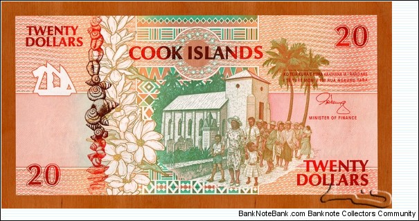 Cook Islands | 
20 Dollars/Tāra, 1992 | 

Obverse: People leaving church, Shells, and Palms and flowers | 
Reverse: Ngaputoru & Mangaia atolls and outlined maps depicting the islands of Atiu, Mauke, Mitiaro, Takutea, Mangaia, Islanders by a canoe with an outrigger, Camphor tree (Cinnamomum camphor), Carved shark hook from Mangaia made of ironwood root, Mangaia kingfisher (Todiramphus ruficollaris), Coconut crab (Birgus latro), and Rarotonga Meryta - Kakavatua (Meryta pauciflora) | 
Watermark: Sea turtle | Banknote