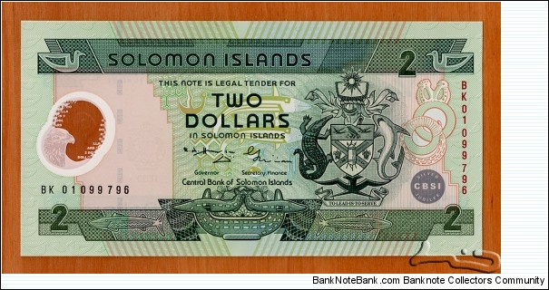 Solomon Islands | 2 Dollars, 2001 – Commemorating CBSI Silver Jubilee | Obverse: National Coat of Arms, Stylised Bonito fish, Food bowl with two porpoises, and Bokolo - stylised bird used as money | Reverse: Spearfishing scene | Window: Value | Banknote