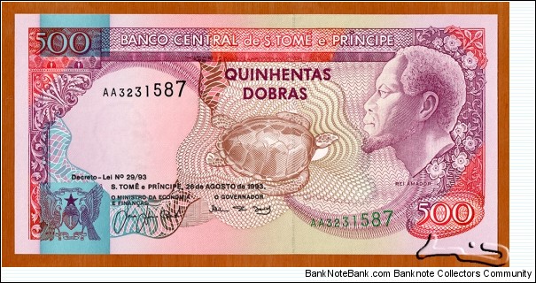 São Tomé and Príncipe | 
500 Dobras, 1993 | 

Obverse: Rei Amador (-1595), was said to be the King of the Angolares Kingdom and the leader of the Slave Revolt in 1595, National Coat of Arms, and Sea turtle | 
Reverse: Rio do Ouro waterfall | 
Watermark: Rei Amador | Banknote