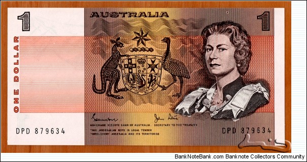 Australia | 
1 Dollar, 1983 | 

Obverse: Queen Elizabeth II, and National Coat of Arms | 
Reverse: Aboriginal art – cave drawings by the Indigenous Australian Yolngu artist David Malangi (1927-1999)
Watermark: Captain James Cook | Banknote