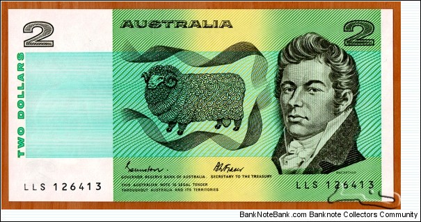 Australia | 
2 Dollars, 1985 | 

Obverse: John Macarthur (1767-1834), was a British army officer, entrepreneur, politician, architect and pioneer of settlement in Australia and is recognised as the pioneer of the wool industry in Australia, and Sheep | 
Reverse: William Farrer (1845-1906), was a leading Australian agronomist and plant breeder. Farrer is best remembered as the originator of the 