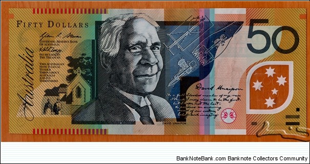 Australia | 
50 Dollars, 2008 | 

Obverse: Portrait of David Unaipon (born David Ngunaitponi) (1872-1967), was a well-known Indigenous Australian of the Ngarrindjeri people, a preacher, inventor and writer. Unaipon's contribution to Australian society helped to break many Indigenous Australian stereotypes | 
Reverse: Portrait of Edith Dircksey Cowan (1861-1932), was an Australian politician, social campaigner and the first woman elected to an Australian parliament | 
Window: Southern Cross, Denomination | Banknote