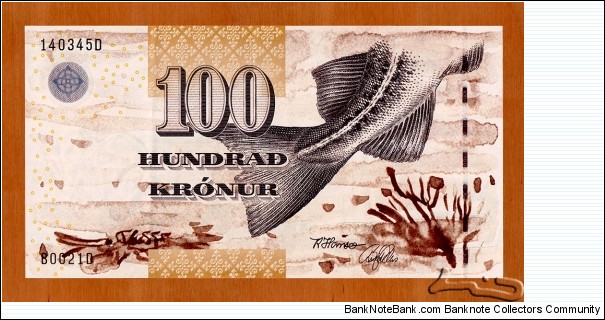 Faroe Islands | 
100 Krónur, 2002 | 

Obverse: Fish tail | 
Reverse: View from Klaksvík | 
Watermark: Ram's head | Banknote