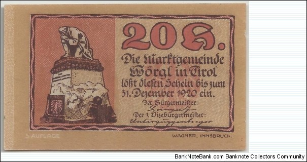 Austria-Tirol Notgeld 20 Heller 1920 Banknote