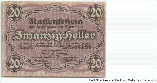 Austria-Wien Notgeld 20 Heller 1920 Banknote