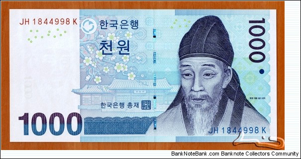 South Korea | 
1,000 Won, 2007 | 

Obverse: Confucian scholar Toegye (Yi Hwang) (1501–1570), Myeongryundang in Sungkyunkwan (also called Taehak) in Seoul, which was a foremost educational institution, a Confucian school, and Plum blossoms | 
Reverse: 