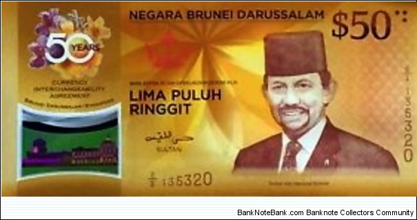 Brunei $50 fifty dollars polymer, 2017, commemorative 50 years, UNC

According to a press release dated 5 July 2017, Brunei and Singapore have both issued new 50-dollar polymer notes to commemorate the 50th anniversary of the Currency Interchangeability Agreement.  Banknote