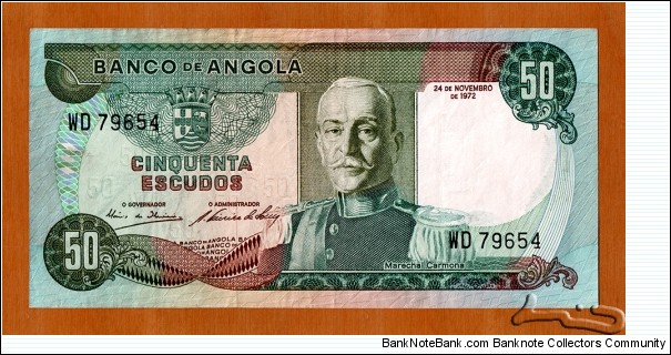 Angola | 
50 Escudos, 1972 | 

Obverse: Portrait of Marshal António Oscar de Fragoso Carmona (1869-1951), the 11th President of Portugal (1926-1951) | 
Reverse: Robusta coffee plant (Coffea robusta) | 
Watermark: Marshal António Oscar Fragoso Carmona | Banknote