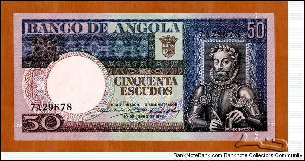 Angola | 
50 Escudos, 1973 | 

Obverse: Luiz de Camões (Luis Vaz de Camões) (1524-1580), the greatest poet of the Portuguese language, Portuguese Angolan National Coat of Arms | 
Reverse: Robusta coffee plant (Coffea robusta) | 
Watermark: Luis Vaz de Camões | Banknote