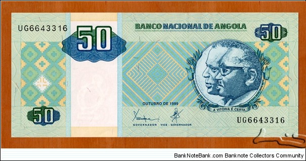 Angola | 
50 Kwanzas, 1999 | 

Obverse: Portraits of José Eduardo dos Santos and António Agostinho Neto | 
Reverse: Offshore oil rig, and National Coat of Arms | 
Watermark: Sculpture of a primate | Banknote