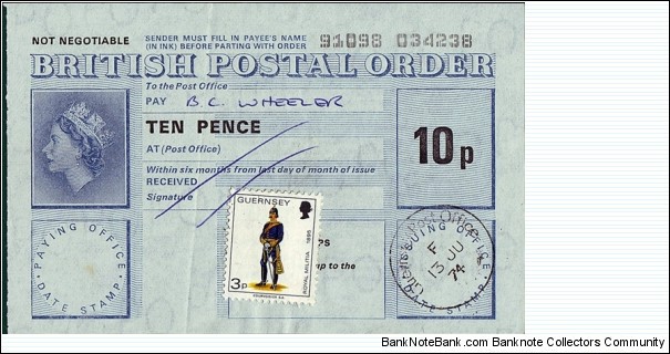 Guernsey 1974 10 Pence postal order.

Issued at the Guernsey Post Office, St. Peter Port. Banknote