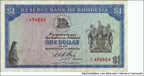 Rhodesia 1974 1 Dollar. Banknote