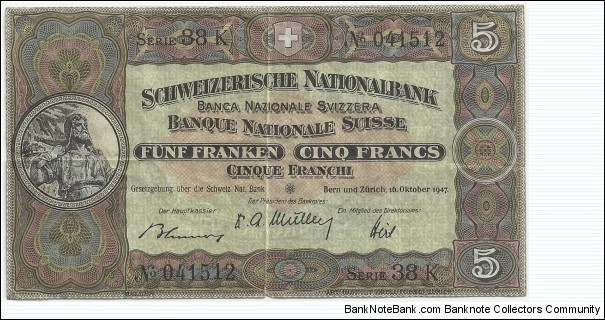 Switzerland 5 Francs 1947 Banknote