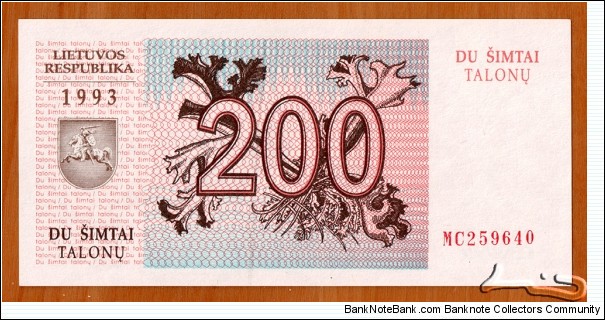 Lithuania | 
200 Talonas, 1993 | 

Obverse: Branches, and National Coat of Arms | 
Reverse: Two Red deers | 
Watermark: Repeated ornaments | Banknote
