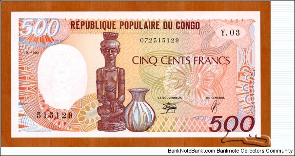 Congo, Republic of the | 500 Francs, 1990 | Obverse: Figure carving and Jug | Reverse: Carver with his mask of art, Carved masks, shields and figures | Watermark: Figure carving | Banknote