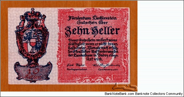 Liechtenstein | 10 Heller, 1920 | Obverse: National Coat of Arms | Reverse: Villa in Vaduz | Banknote