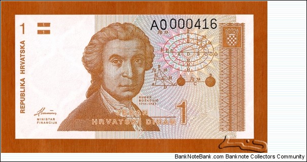 Croatia | 
1 Dinar, 1991 | 

Obverse: Mathematician, astronomer and physicist Ruđer Bošković (1711-1787) | 
Reverse: Zagreb Cathedral | 
Watermark: Ornamental patterns | Banknote