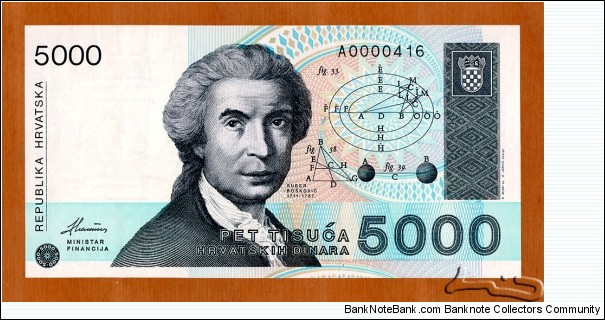 Croatia | 
5,000 Dinara, 1993 | 

Obverse: Mathematician, astronomer and physicist Ruđer Bošković (1711-1787), and Geomatric calculations | 
Reverse: Sculpture 