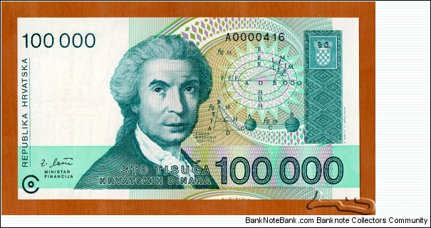 Croatia | 
100,000 Dinara, 1993 | 

Obverse: Mathematician, astronomer and physicist Ruđer Bošković (1711-1787), and Geomatric calculations | 
Reverse: Sculpture 