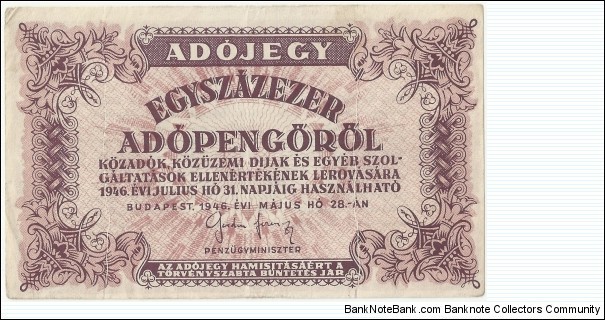 Hungary 100.000 Adopengöröl 1946 Banknote