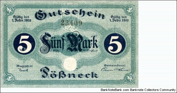 Pößneck 5 Mark Notgeld Banknote