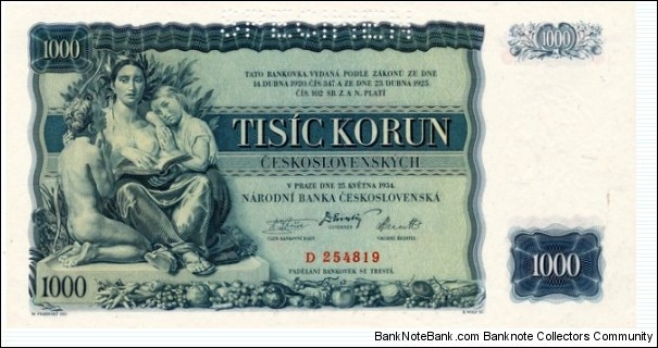 Banknote from Czech Republic year 1934