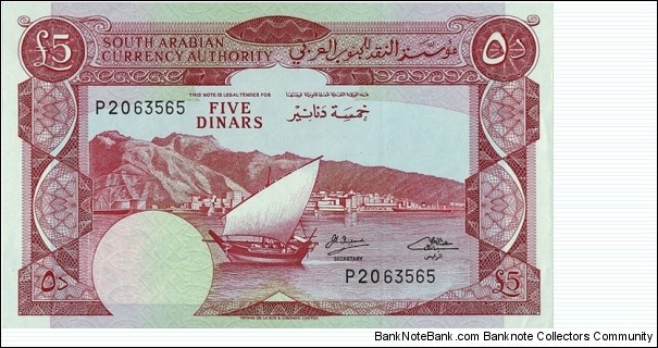 South Arabia N.D. (1967) 5 Dinars.

5 South Arabian Dinars = 5 Pounds Sterling. Banknote