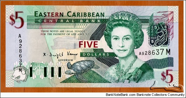Montserrat | 
5 Dollars, 2003 | 

Obverse: Portrait of Queen Elisabeth II, ECCB building, Turtle, Green-throated Carib (Eulampis jugularis), and Fishes | 
Reverse: Admiral's House in Antigua & Barbuda, Map of the Eastern Caribbean islands, Trafalgar Falls in Dominica, and Fishes | 
Watermark: Queen Elisabeth II | Banknote